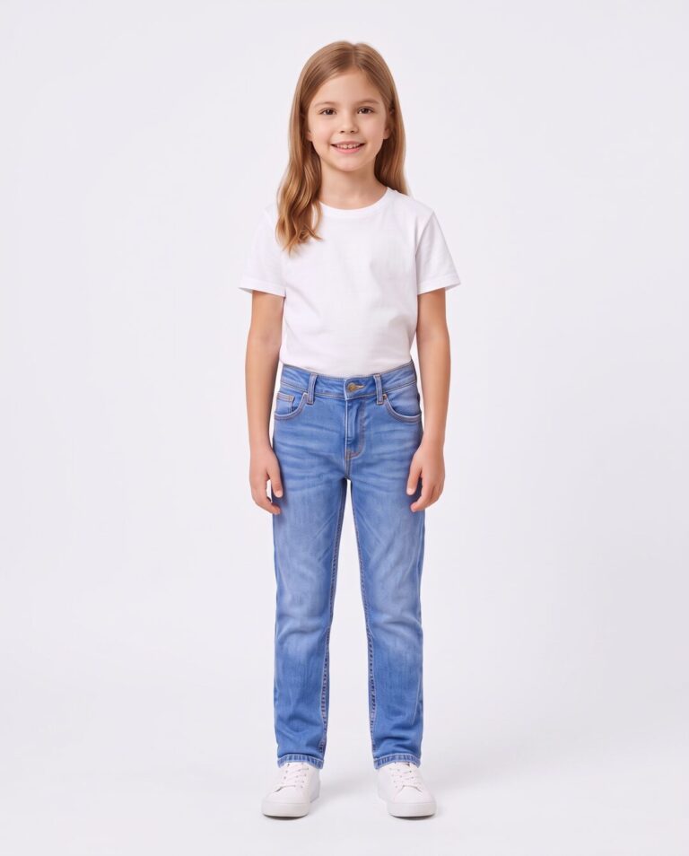 Jeans skinny azul claro para niña, fondo blanco
