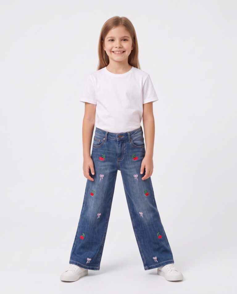 Jeans wide leg para niña con bordado de cerezas, fondo blanco