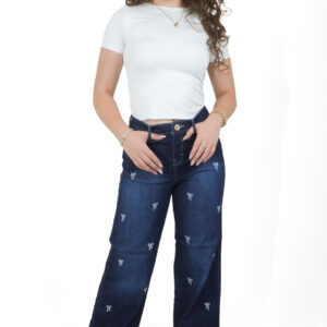 pantalón de mezclilla wide leg azul oscuro para mujer con moños, vista de frente – Wide leg moños oscuro